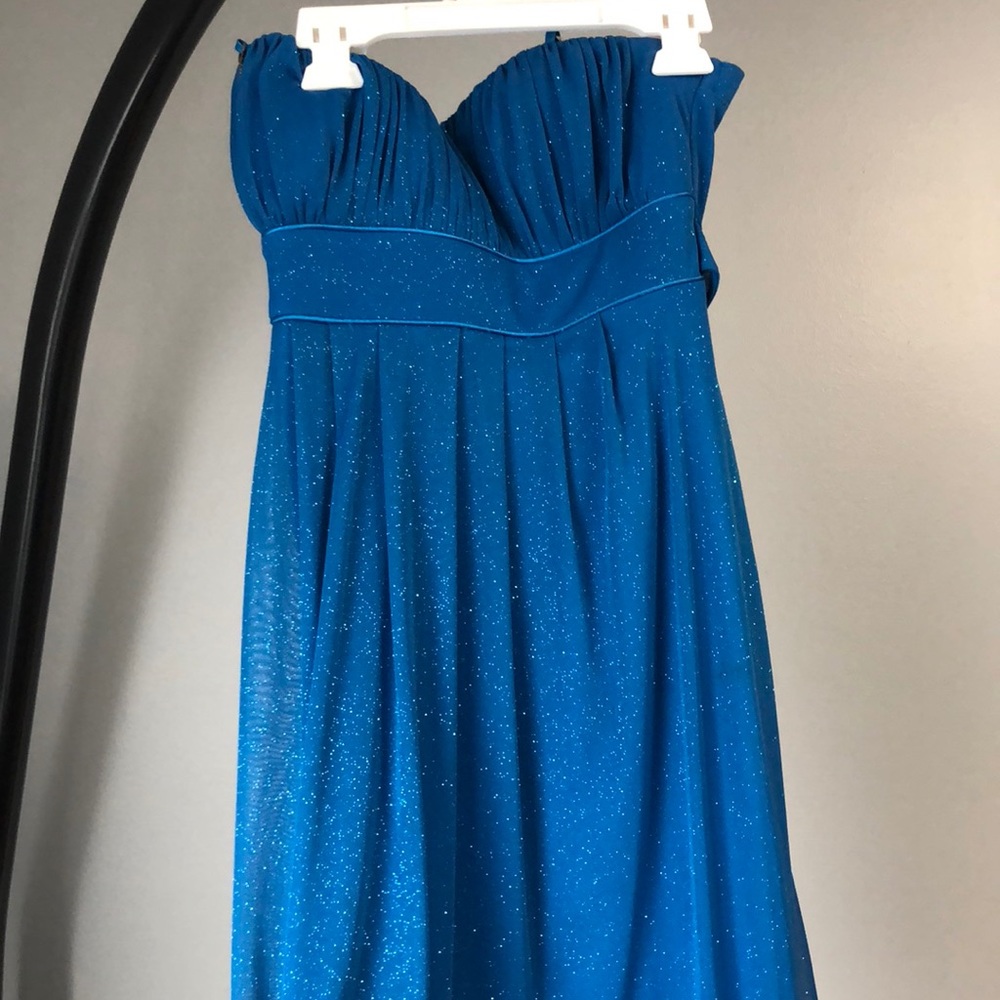 Strapless blue sparkly dress